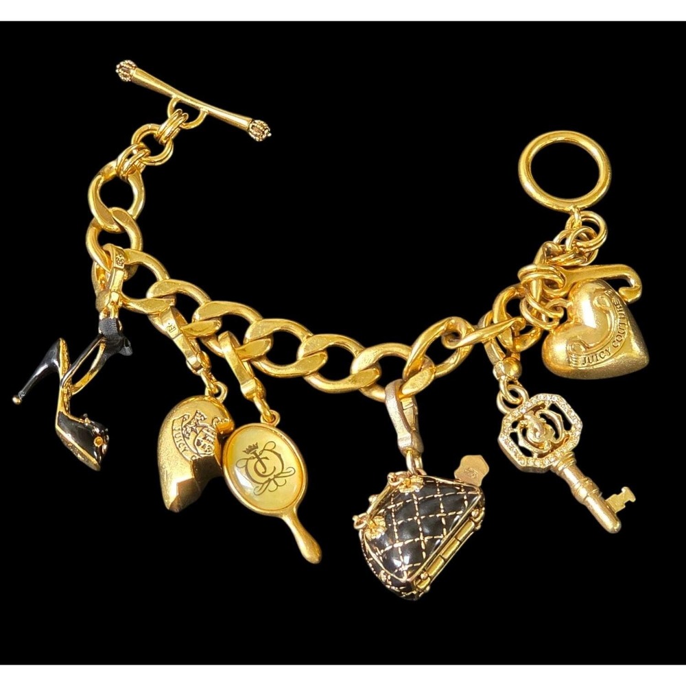 Juicy Couture Multi Charm Gold Tone Bracelet Key Shoe Heart Purse Mirror